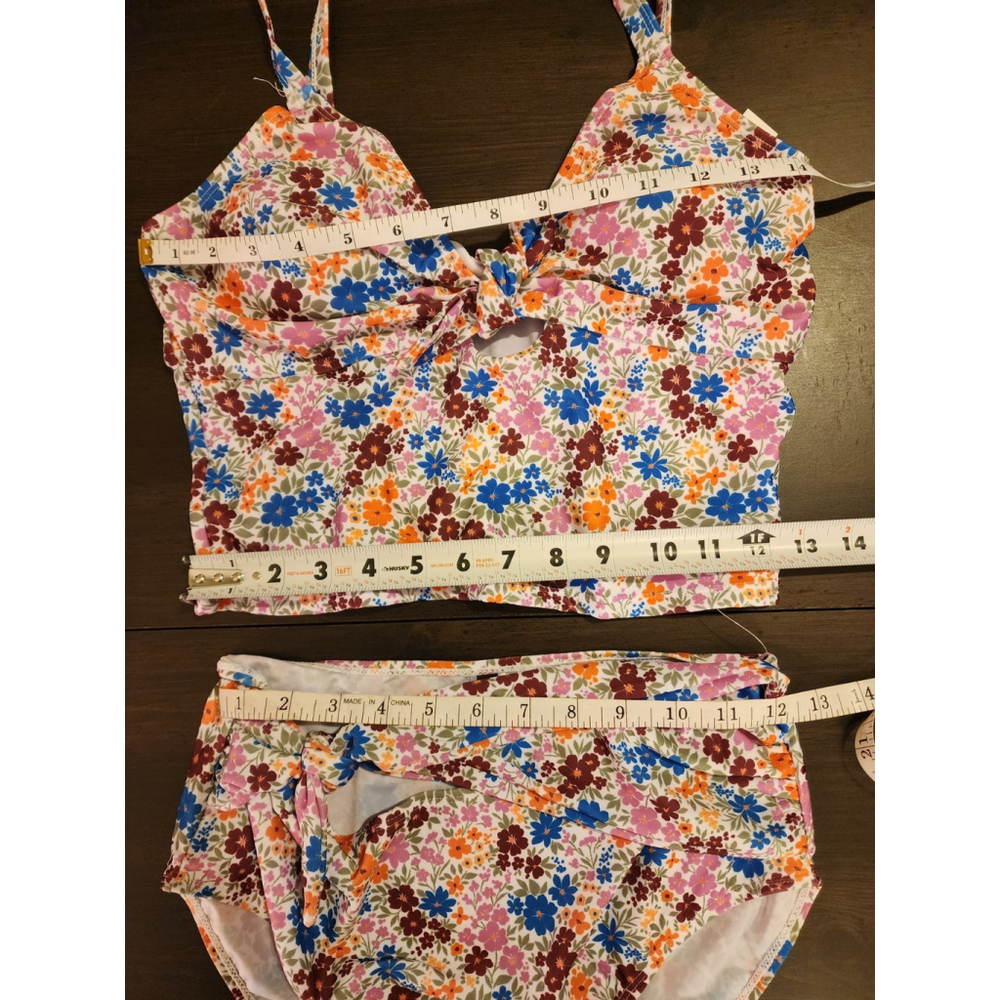 Tahari 2 piece Set Swimsuit Bathing Suit Tankini LARGE Red Orange Pink Floral - Picture 8 of 16